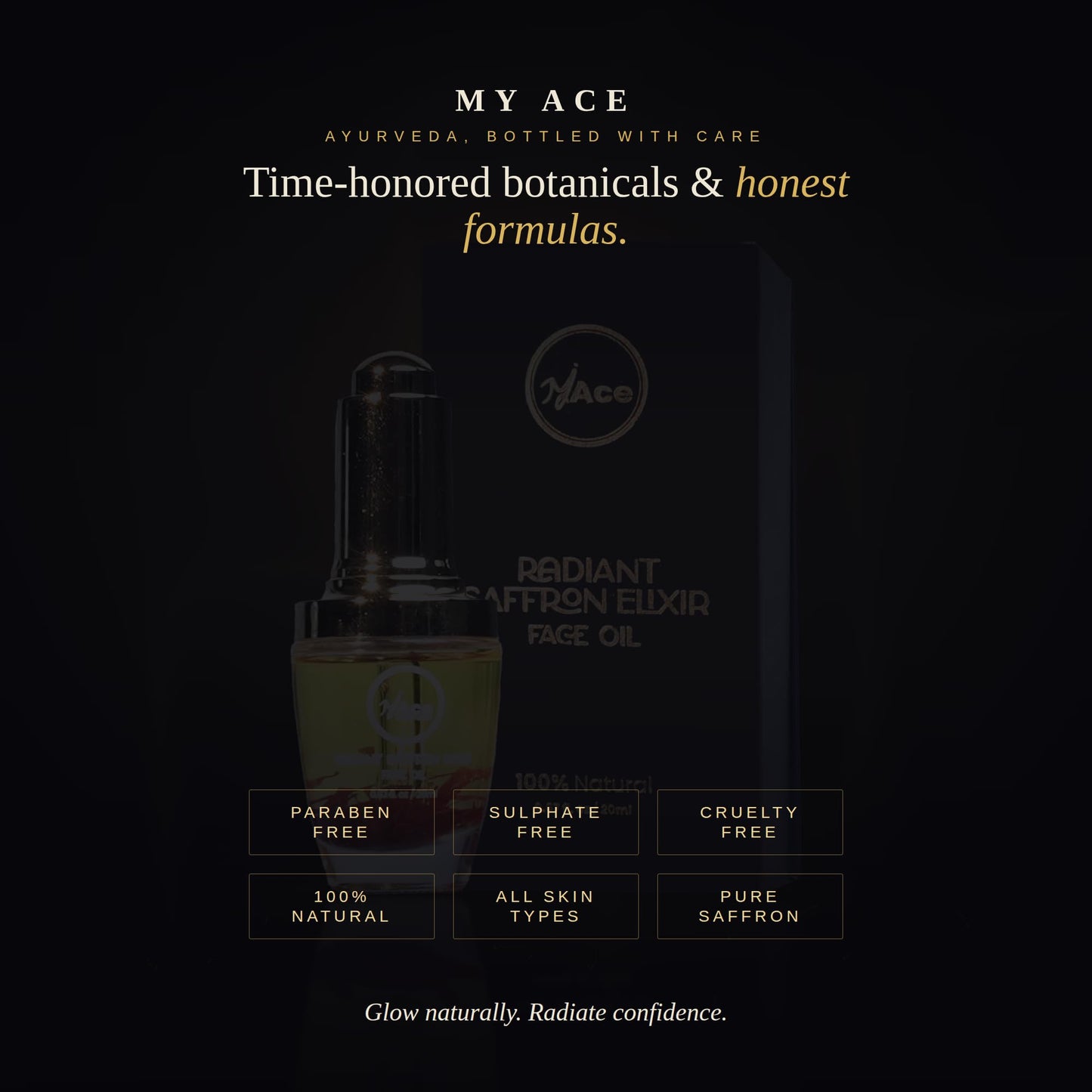 My Ace Radiant Saffron Elixir Face Oil - Ayurvedic Pure Natural Glow Booster, Brightening, Hydrating, Anti-Aging Facial Serum for Skin & Hair - Reduces Dark Spots & Pigmentation - Daily Use -0.67fl oz