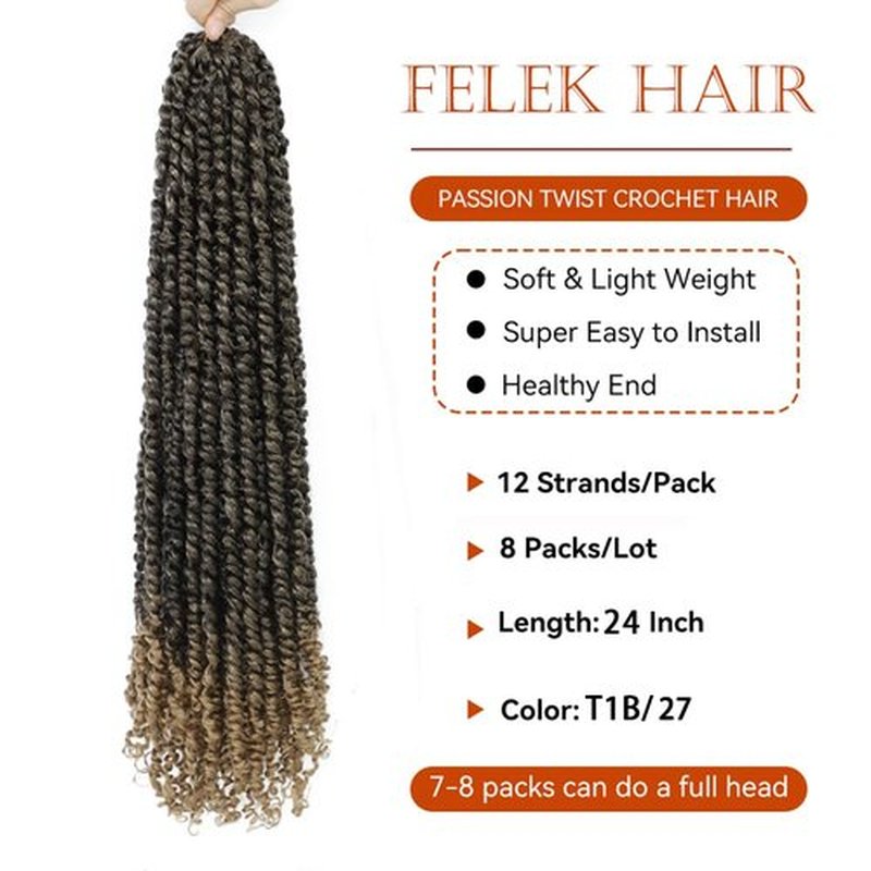 Felek Passion Twist Crochet Hair 24inch 8 Packs Pre Looped Twist Crochet Hair For Black Women Natural Soft Ombre Brown Pre Twisted Passion Twist Crochet Hair (T27, 24inch)