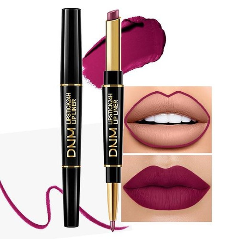 2 in 1 Plum Purple Matte Lip Liner & Lipstick Combination, DNM Metallic Dual Ended Lipstick, Lip Liner, Lip Gloss, 24 Hour all Day Long-Lasting Waterproof Lipliners Pen for Women Lip Makeup Gift 05#