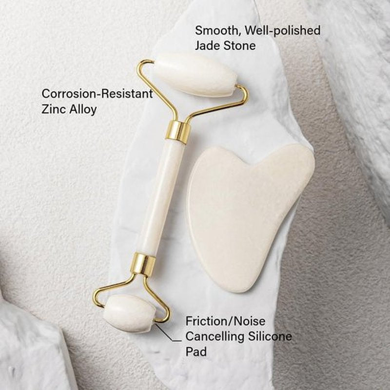 Gua Sha Facial Tools & Jade Roller for Face, Eye & Neck Skin Care, 100% Natural Jade Stone Face Roller Gua Sha Massage Tool, Eye Roller for Puffy Eyes, Facial Self Care Kit for Women (White)