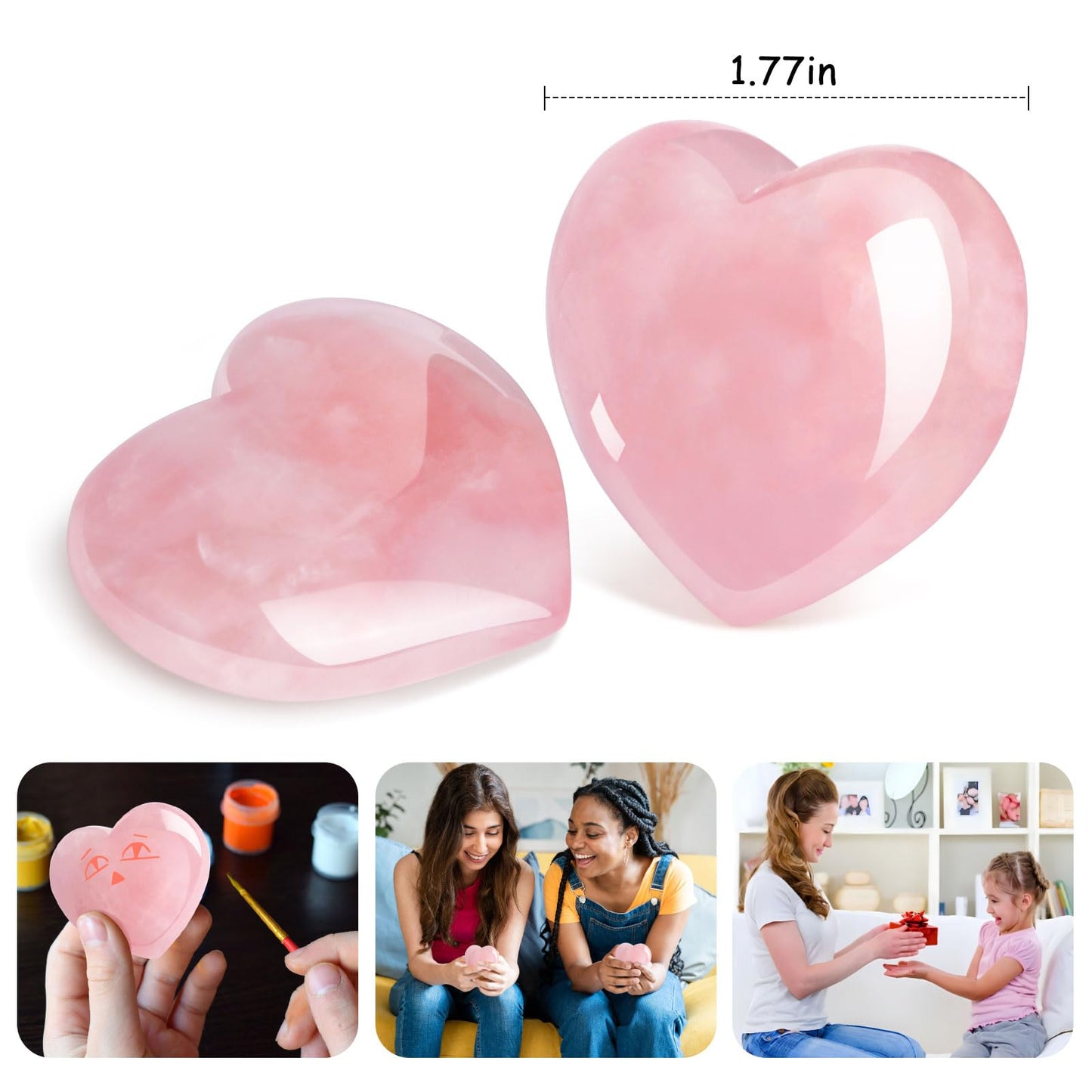 ideayard 45mm Rose Quartz Crystal, 2pcs Heart Stone Puff Heart, Love Palm Healing Stone, Reiki Crystal Gemstone Worry Stones for Anxiety Crystal