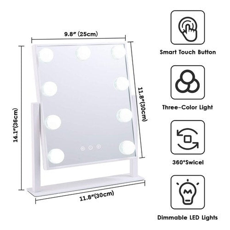 BWLLNI Lighted Makeup Mirror Hollywood Mirror Vanity Mirror with Lights, Touch Control Design 3 Colors Dimable LED Bulbs, Detachable 10X Magnification, 360°Rotation, White