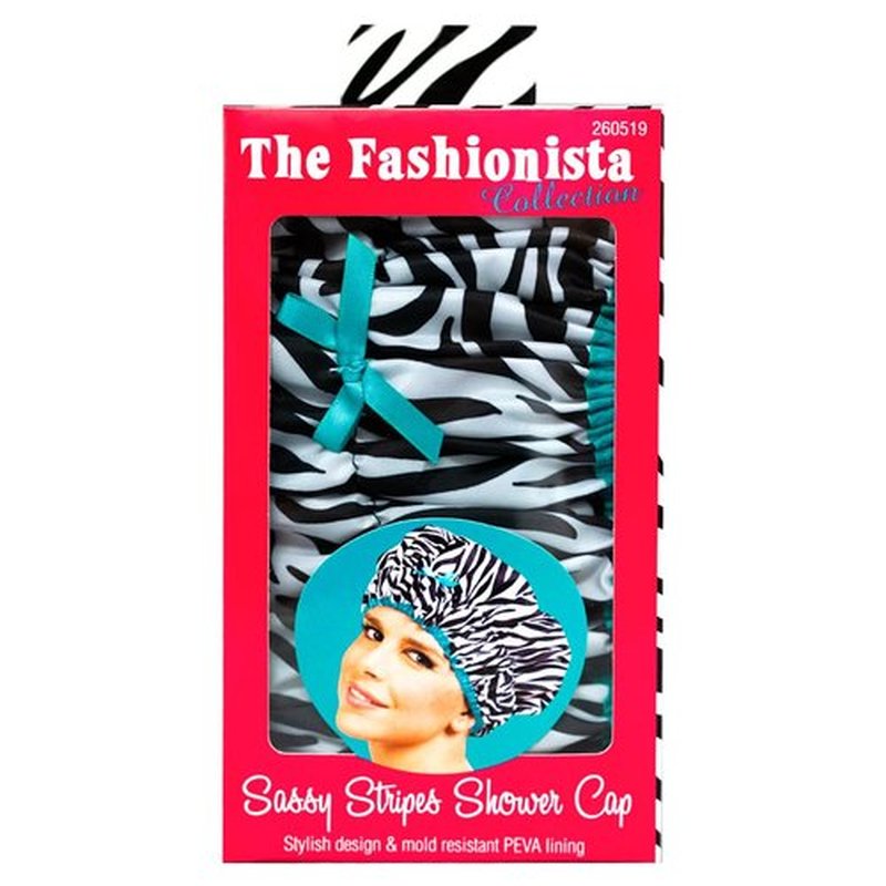 Reusable Shower Cap & Bath Cap & Lined, Oversized Waterproof Shower Caps Large Designed for all Hair Lengths with PEVA Lining & Elastic Band Stretch Hem Hair Hat - Fashionista Sassy Stripes
