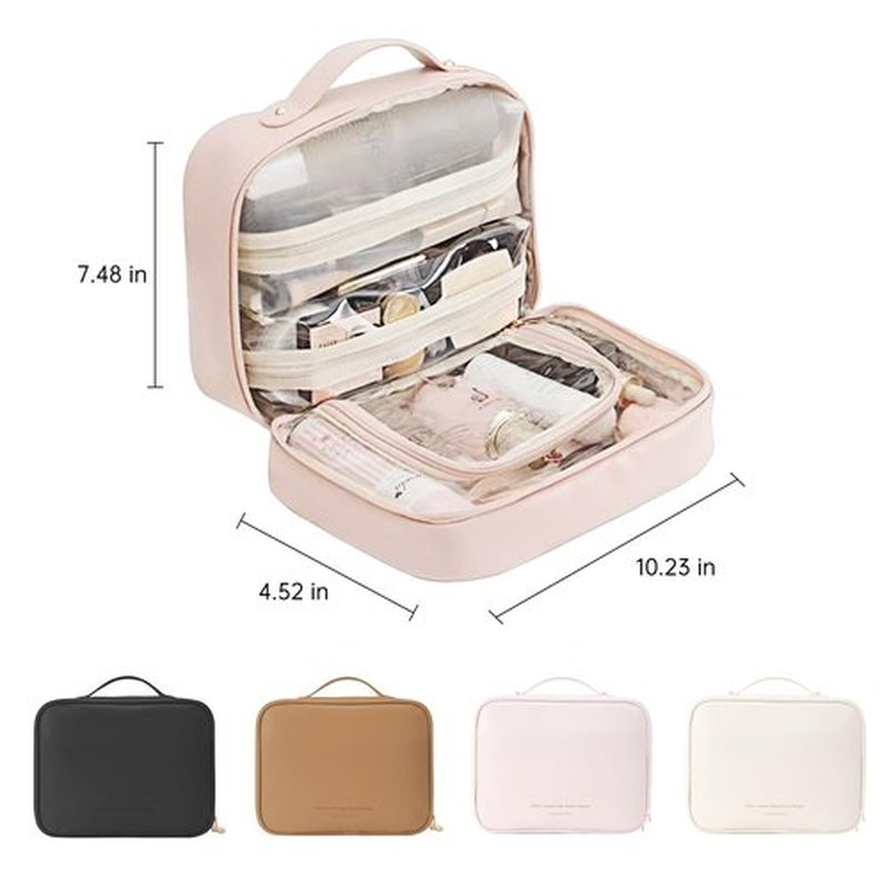 Doblopup Multi Compartment Toiletry Cosmetic Bag, PU Large makeup bag with compartments, Set Patient Multi Compartment Toiletry Cosmetic Bag For Women Girls Travel makeup bag with compartments (Pink)