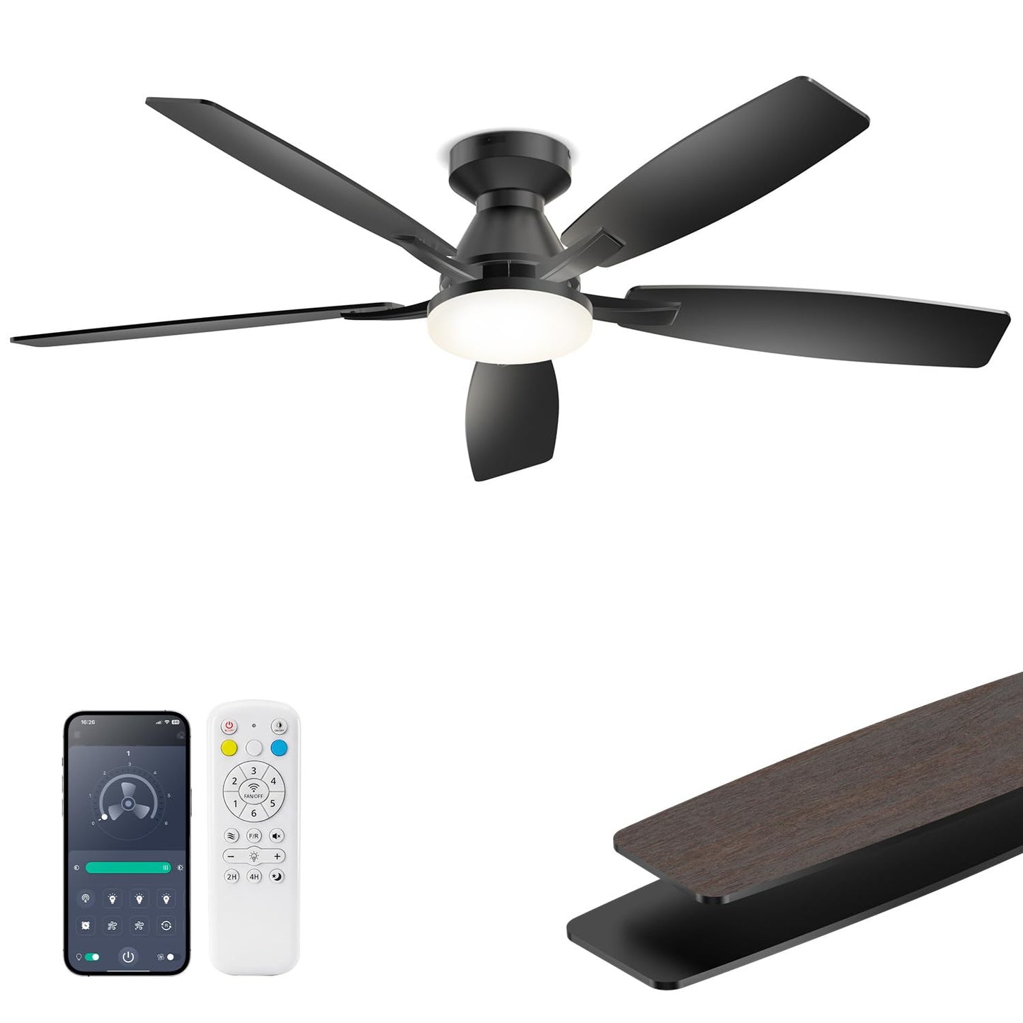 FancyMay 52 Inch Ceiling Fans with Lights,Quiet DC Motor, 6 Speeds, App and Remote Control, Dimmable, 3CCT LED Light, Low Profile Ceiling Fan for Living Room, Bedroom, Black