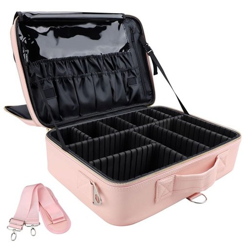 JOURMON Makeup Case Travel Makeup Train Case Organizer Cosmetic Bag Portable with Adjustable Dividers and Shoulder Strap for Makeup Brushes Toiletry Travel Accessories(Pink, L)