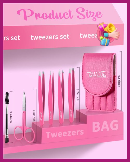 TsMADDTs 7 Pcs Tweezers Set, Tweezers for Women Facial Hair, Precision Tweezer for Eyebrows with Curved Scissors and Eyebrow Brush for Ingrown Hair