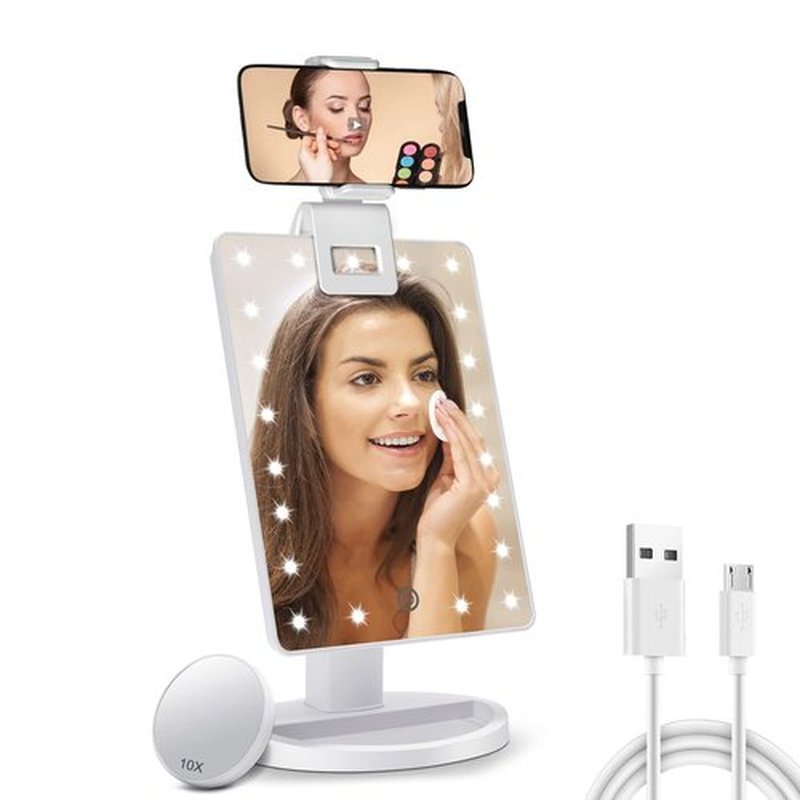 Lighted Makeup Vanity Mirror with Phone Holder and 10X Magnifying Mirror, 21 LED Lighted Mirror with Touch Sensor Dimming, 180°Adjustable Rotation, Dual Power Supply, Portable Cosmetic Mirror