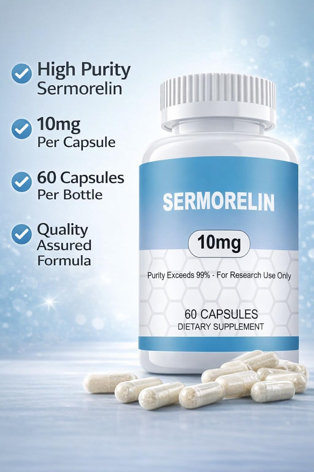WUCOO Sermorelin Research Peptide, 10MG Research Grade Capsules, 99% Purity - 60 ct
