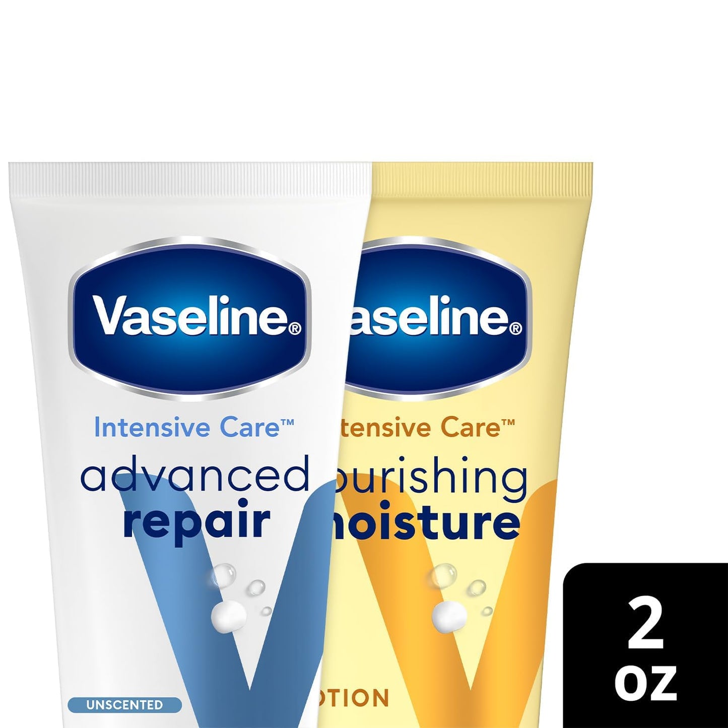 Vaseline Intensive Care Lotion Bundle – Advanced Repair Unscented Formula and Nourishing Moisture Hand and Body for Extremely Dry Skin, 2 OZ Ea (2 Piece Set)