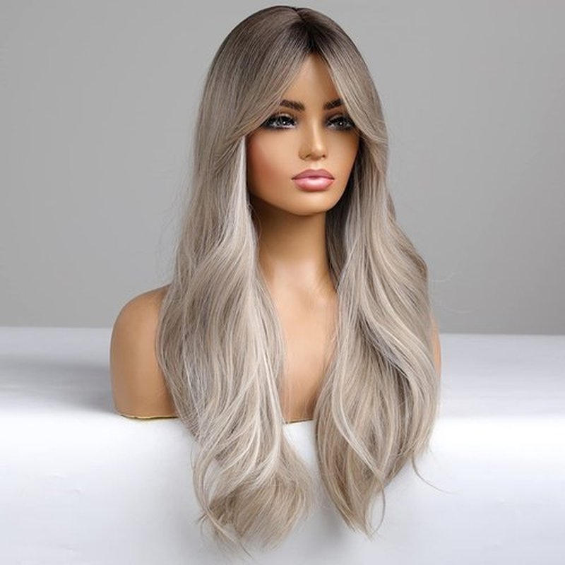BERON Ombre Gray Wigs Long Wavy Women Wigs with Bangs Gray Blonde Curly Heat Resistant Synthetic Wigs for Daily Wigs Wig Cap Included
