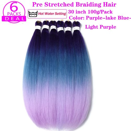 Pre Stretched Braiding Hair Extensions 30 Inch 6 Packs Long Professional Crochet Twist Braids Hair High Temperature Synthetic Fiber Yaki Texture(30",purple-lake blue-light purple)