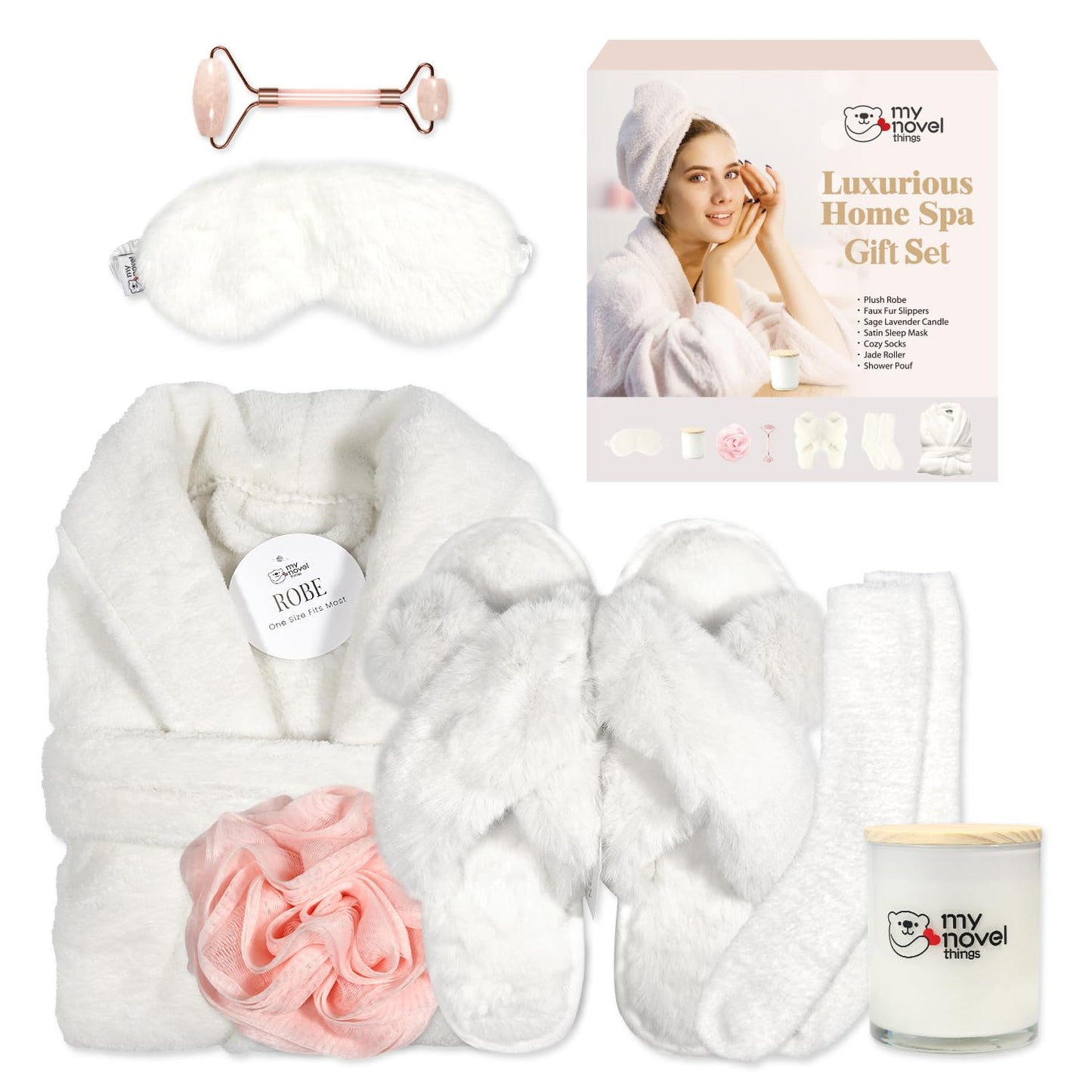 my novel things Birthday Gifts for Women, Bathrobe Set, Spa Robe and Slippers set with Scented Candle Self Care 7 Pack for Christmas Thanksgiven Valentine's Day Gift Unique for Her Mother Mom Girl
