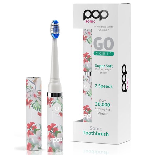 Pop Sonic Electric Toothbrush (White Floral) - Travel Toothbrushes w/AAA Battery | Kids Electric Toothbrushes with 2 Speed & 15,000-30,000 Strokes/Minute, Dupont Nylon Bristles
