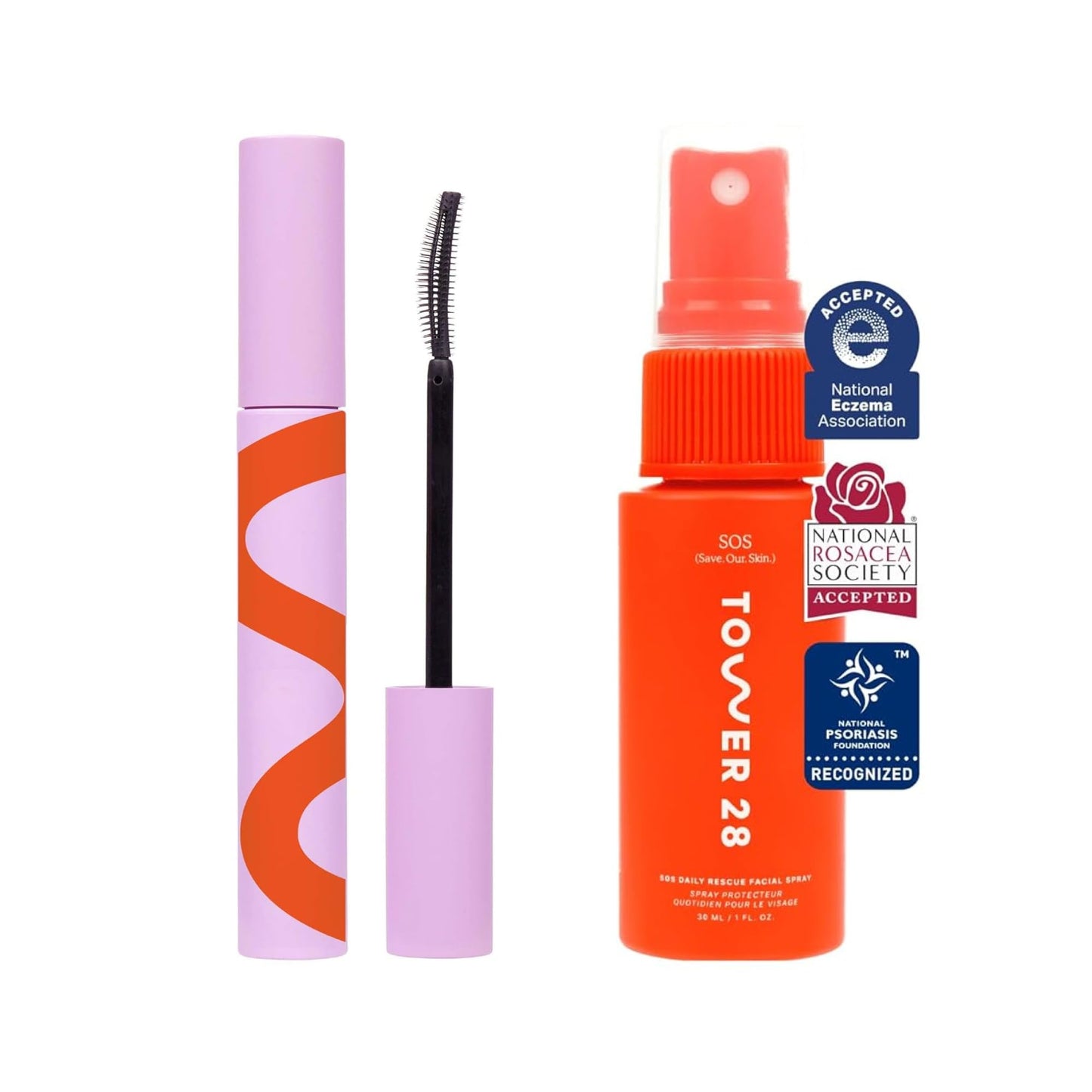 Tower 28 Mini SOS Daily Rescue Facial Spray (1 Oz) + MakeWaves Mascara in Jet - Hypochlorous Acid Spray to Calm Irritation with Volumizing + Lengthening Mascara for Sensitive Eyes (2 Count)