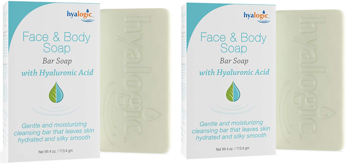 Hyalogic Face & Body Cleansing Bar Soap 4oz (Pack of 2) Hydrating Hyaluronic Acid Cleanser - Fragrance Free, Non-Irritating, Vegan Friendly HA