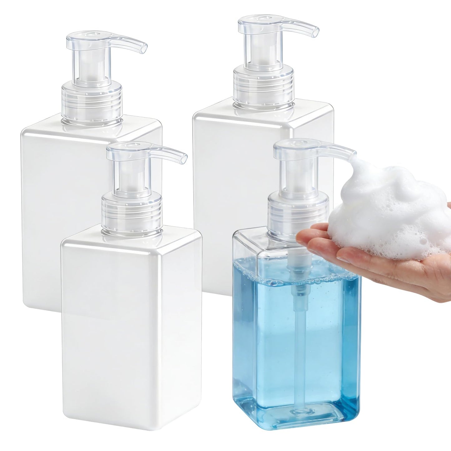 Foaming Soap Dispenser 15oz/450ml Clear Empty Foam Soap Dispensers, Square Refillable Plastic Foaming Hand Soap Dispenser Soap Pump for Liquid Soap, Shampoo, Body Wash(4 Pack)