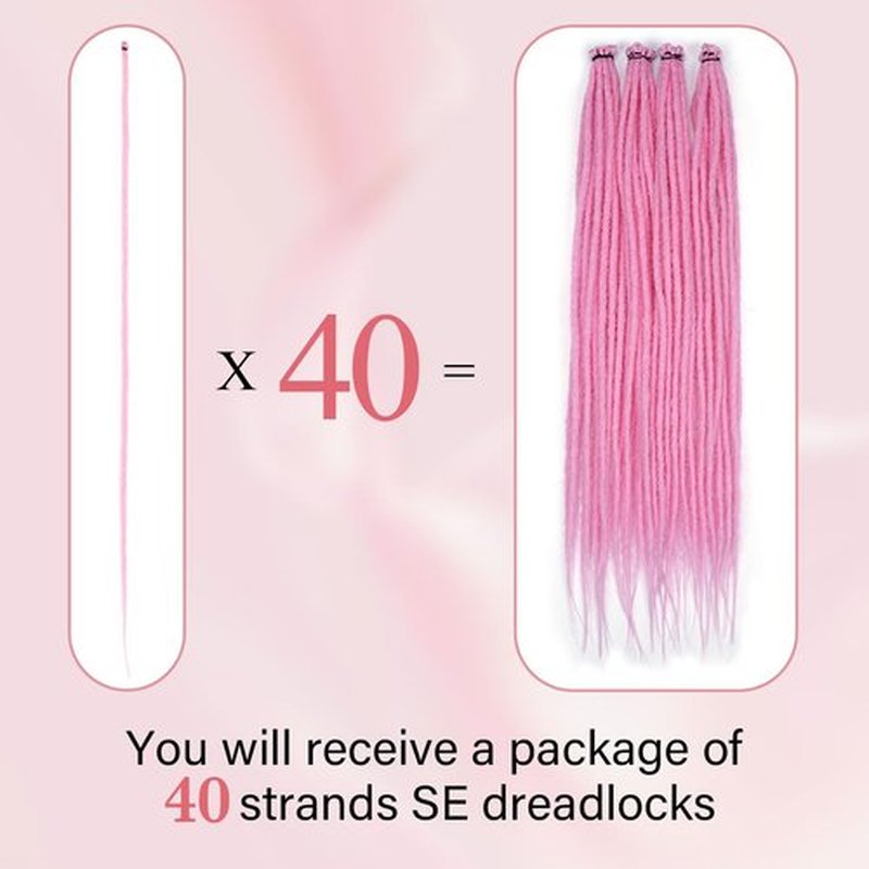 Vecago 24 Inch Dreadlock Hair Extensions, 40 Strands SE Thin 0.6cm Width Dreadlock Extensions, Synthetic Handmade Soft Hippie Style Dreadlocks for Woman,Pink
