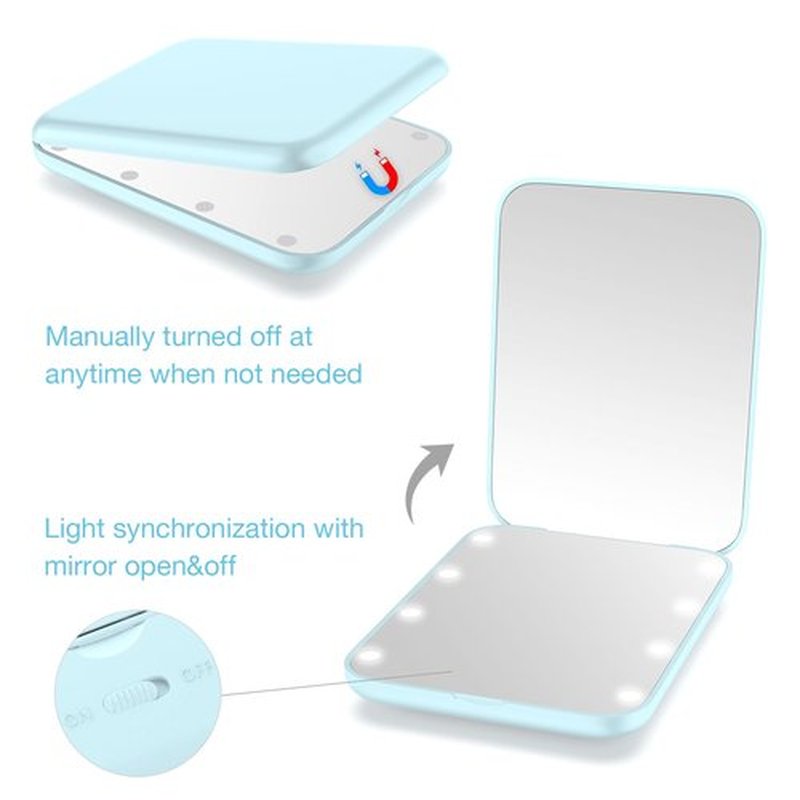 wobsion Small Mirror with Lights,LED Compact Makeup Mirror,1x/3x Mini Travel Mirror with Magnification,Portable Hand Held Mirror for Purse,Pocket,Gifts for Girls,Blue