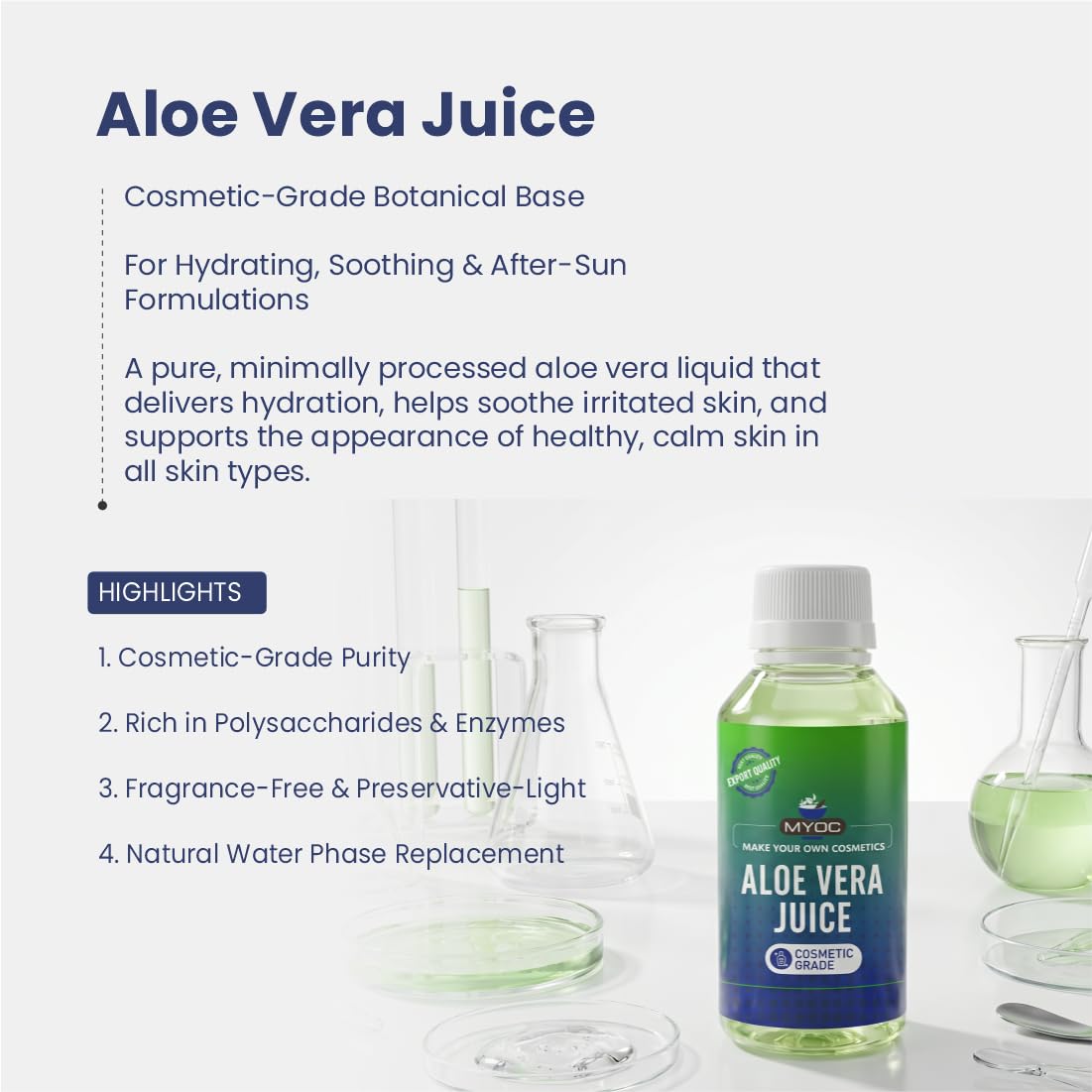 MYOC Aloe Vera Juice (240 ml / 8.11 fl oz) - Cosmetic Grade Liquid Base for Gels Toners Serums Creams Haircare & DIY Formulations