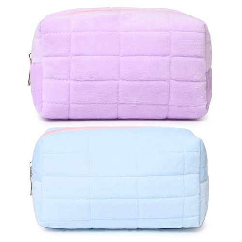 SOIDRAM 2 Pieces Makeup Bag Cute Cosmetic Bag Plush Blue Purple Makeup Pouch Travel Toiletry Bag Organizer Makeup Brushes Storage Bag for Women