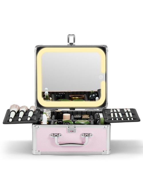 Qislee Makeup Box with A Detachable Lighted Mirror, Waterproof Travel Train Case, Cosmetic Organizer and Makeup Suitcase with Adjustable Dividers, Magnetic LED Mirror(Icy Pink, Diamond Textures)