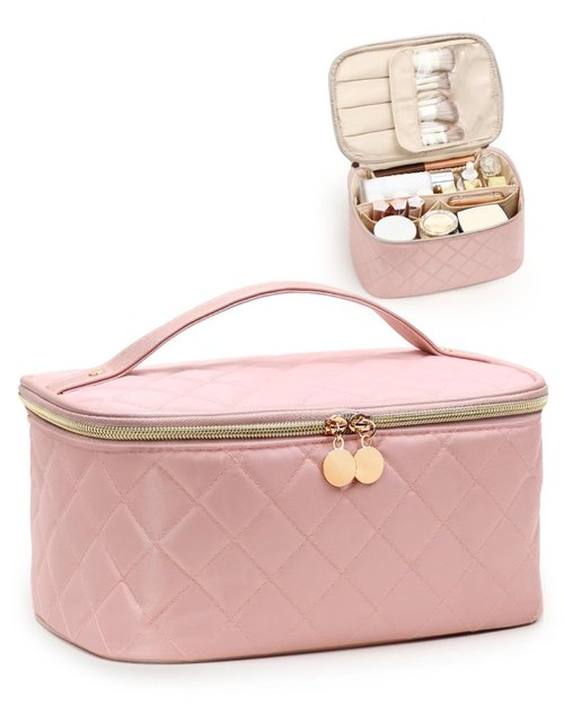 Prite Makeup Bag, Large Capacity Portable Travel Cosmetic Bag, Waterproof Makeup Organizer for Women with Handle and Divider(Pink Rhombus)