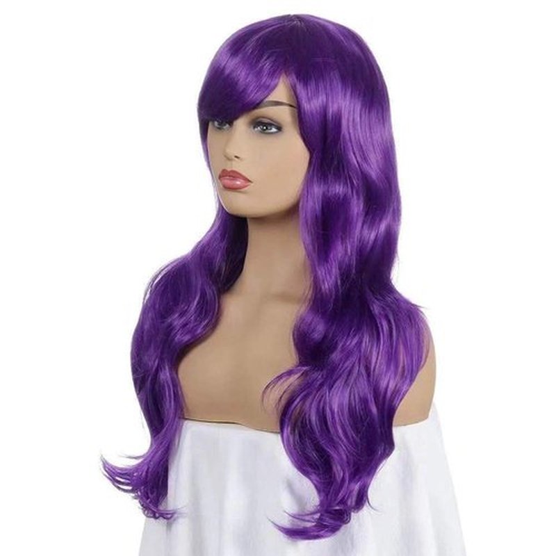 Wigs for Women Girls Long Wavy Heat Resistant Fiber Wigs Side Bangs Cosplay Party, Women's Wigs with Bangs Long Fluffy Curly Wavy (Purple)