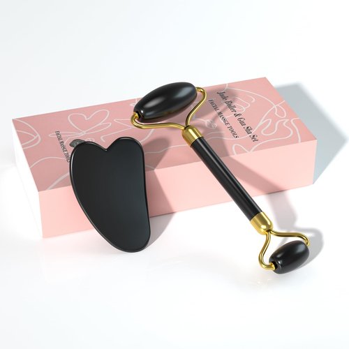 YLTNEUQER Jade Roller Gua Sha Set - Facial Skin Care Set, Facial Beauty Tools, Natural Beauty Skin Care Tools, Face Roller Massager for Face, Neck, and Eye Treatment,Gua Sha Facial Massager (Black)