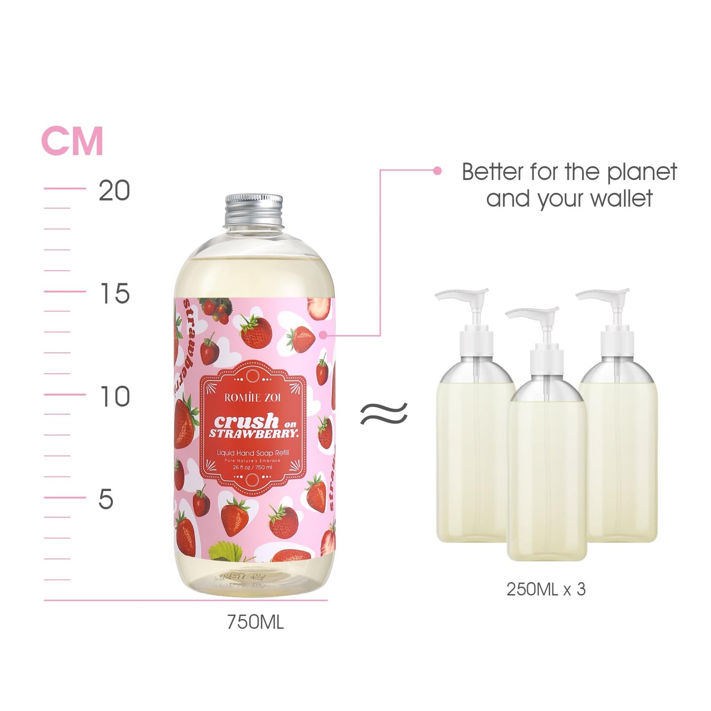 ROMIIE ZOI Hand Soap Refills Gift Set Strawberry Scent 3 x 26 Fl Oz Bottles, Plant-Based, Cruelty-Free, Gentle & Moisturizing Formula with Essential Oils for Bathroom & Kitchen Use
