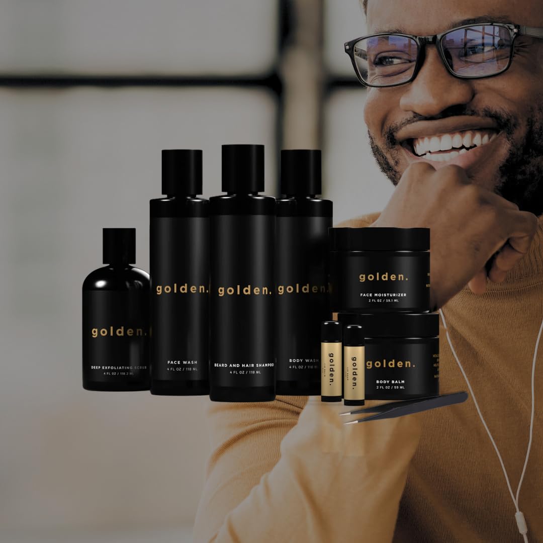 Golden Grooming Co. Bath and Body Skin Care Kit Gift Set for Men - with Deep Exfoliating Scrub, Face Wash, Moisturizer, Body Wash, 2 in 1 Beard and Hair Shampoo, Body Balm,Solid Cologne and Tweezers