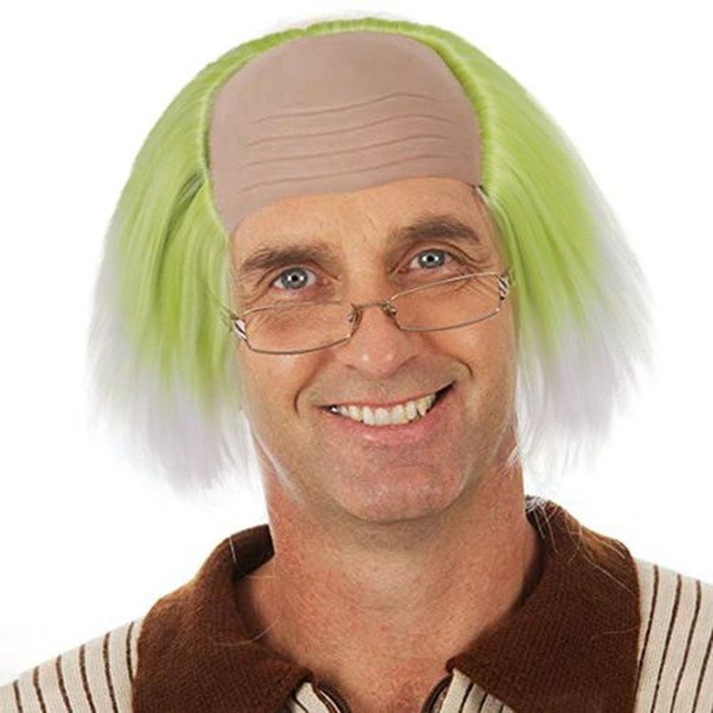 GNIMEGIL Short Green Roots Ombre White Wig Fluffy Straight Clown Bald Headpiece Movie Cosplay Wigs Halloween Costume Wigs for Men Ghostly Vibes or Mad Scientist Genius