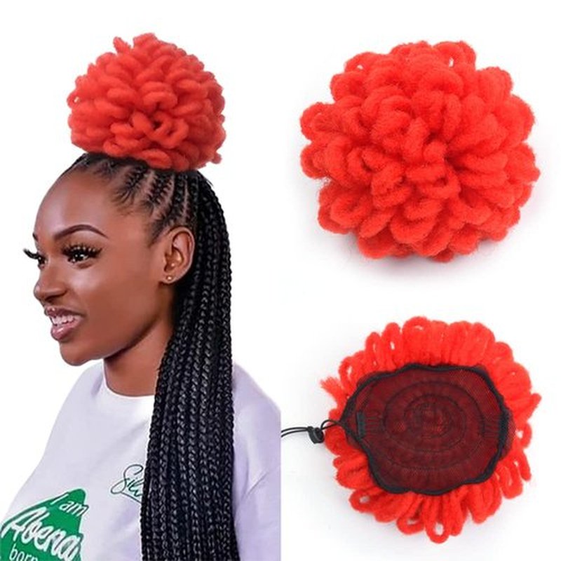Yinmei Baibian Loc Ponytail Drawstring Petal Bun Red Afro Dreadlock Buns Pony Tail Curly Puff Braid Ponytails For Black Women Faux Locs Braided Bun(Red)