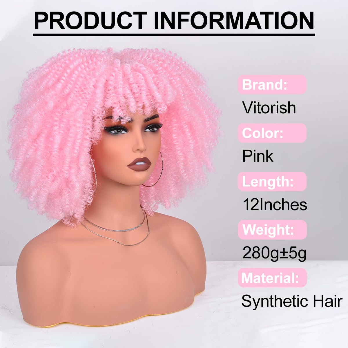 Vitorish Afro Kinky Curly Wig with Bangs 12 Inches Synthetic Full Wigs about 280g/Piece Heat Resistant Short Kinky Curly Wigs for Daily Party Cosplay Pink Wig