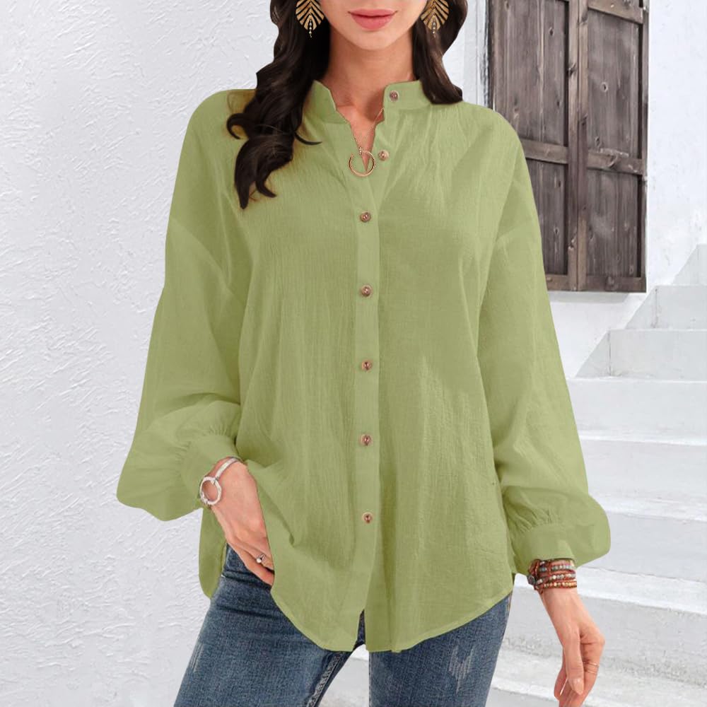 Women's Cotton Blend Henly Shirt V Neck Shirt Casual Work Lounge Blouse Tops Button Down Shirts Plain Solid Green
