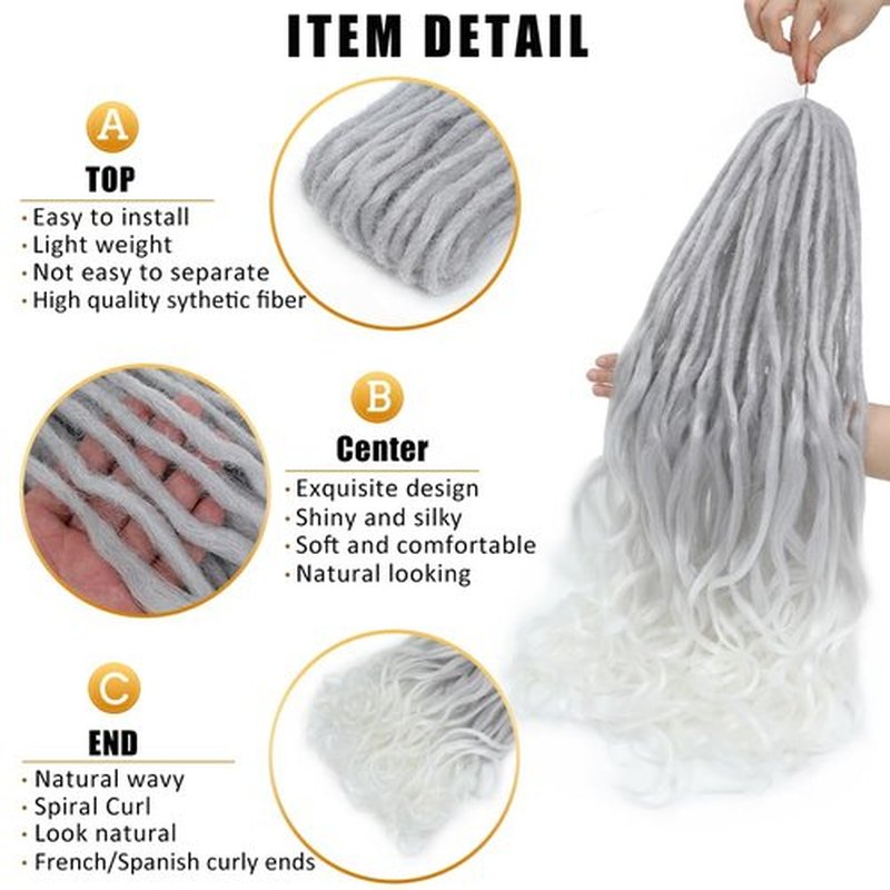 Aguacor Loose Wave Dreadlocks Synthetic French Curly Double Ended Dreadlock Extensions 24inches 30 Strands Thin Soft Grey to White Spanish Curly DE Dreadlock Extensions for Women (30 Strands, G60)