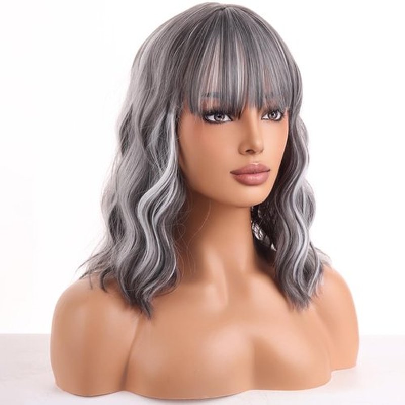 WTHCOS Mixed Silver Gray Wig Short Bob Wig Short Curly Wavy Wig With Bangs for Women Silver Mixed Gray Wig Heat Resistant Synthetic Hair Wigs for Daily Use Cosplay Wig With Wig Cap