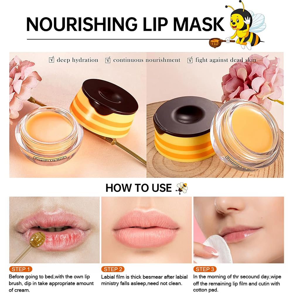 Bee Lip Balm Lip Mask Honey Pot, 12 Flavors Fruit Lip mask Set with Honey & Vitamin E, Lip Sleeping Mask Propolis Moisturizing Lip Balm, Effective Reduces Lip Lines Prevention Dry and Cracked