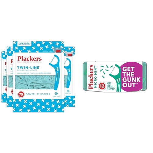 Plackers Twin-Line Dental Floss Picks, 75 Count (Pack of 4) & Micro Mint Dental Floss Picks with Travel Case, 12 Count (Color May Vary)