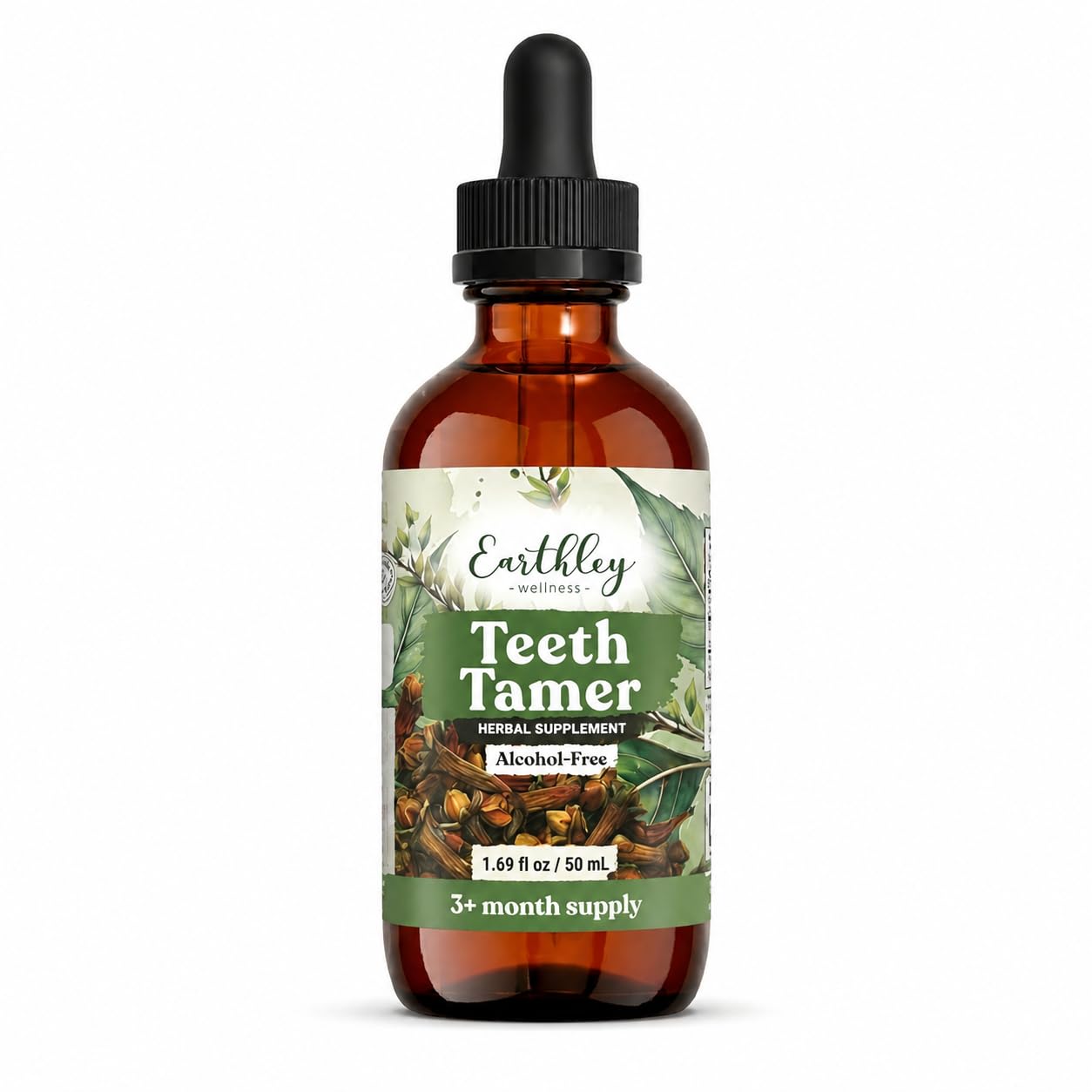 Earthley Wellness Teeth Tamer, Teething Relief for Babies & Kids, Organic Herbal Formula, 3 Month Supply (1.69 oz Glass,1,000 Drops), Cloves, Soothes Drooling, Gum Discomfort & Irritability