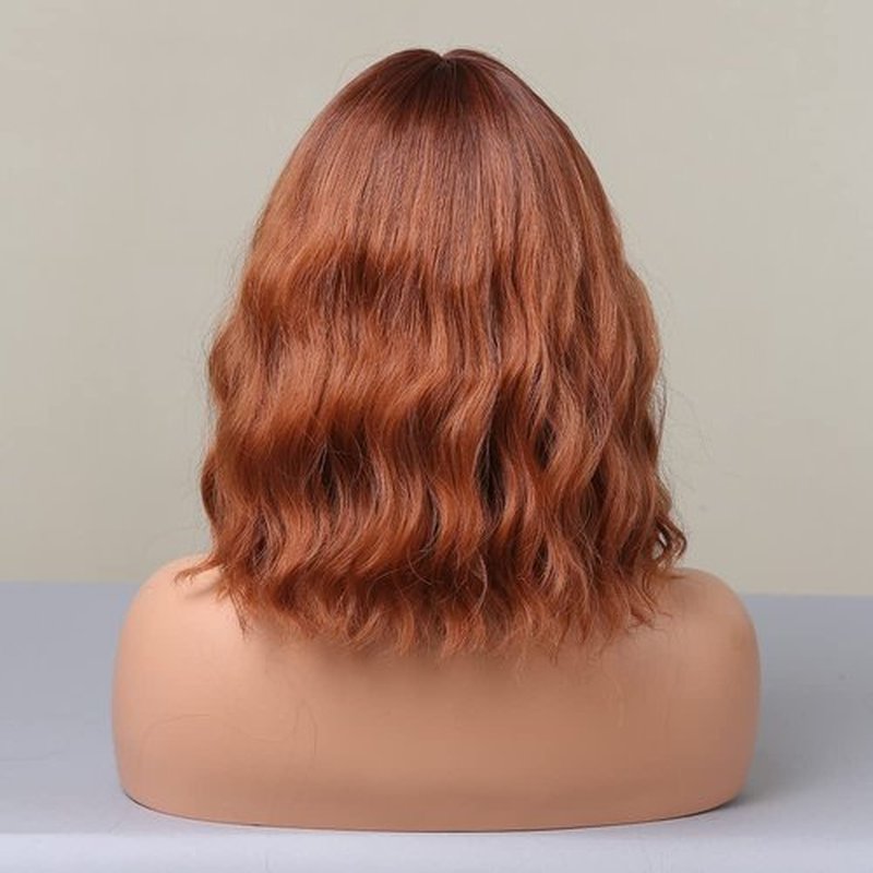 MAGQOO Ombre Dark Orange Auburn Wig Women Dark Roots Orange Bob Wig Short Curly Wavy Red Copper Wig with Bangs Synthetic Heat Resistant