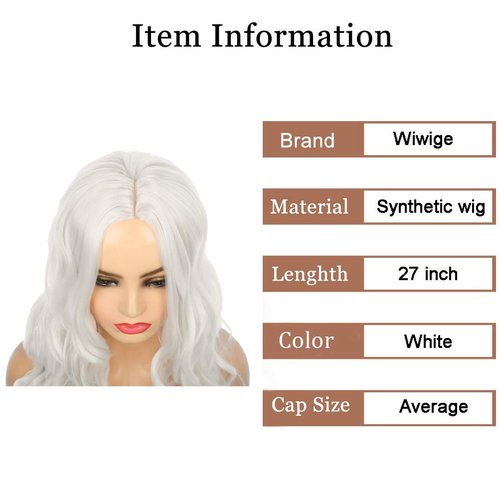 Wiwige Women Long Curly Wavy White Wigs Synthetic Heat Resistant Halloween Costume Cosplay Hair Wig with Wig Cap