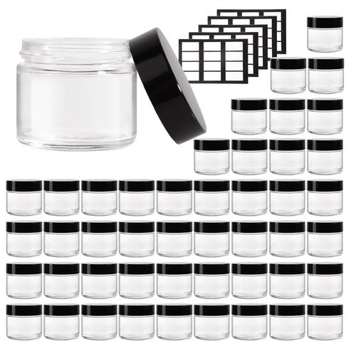 Stellacare 46 pack 2oz Glass Jars Round Empty Cosmetic Containers, Refillable Glass Jars with Lids for Face Creams, Lotions, Powders,Salves Ointments,Potravel Storage