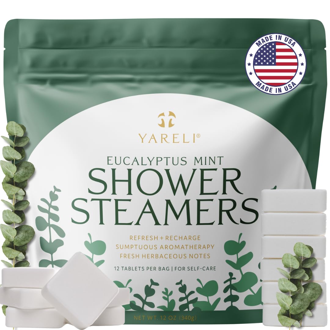 Yareli Eucalyptus Mint Shower Steamers Aromatherapy – Potent Essential Oils, Slow-Dissolve Tablets for Daily Shower Self-Care – Dye-Free, Made in USA – 12 Pack