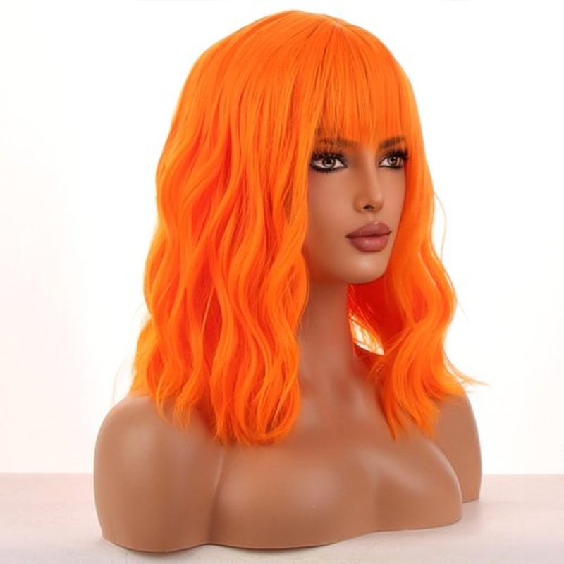 WTHCOS Orange Wig Short Bob Wig Short Curly Wavy Wig With Bangs for Women Orange Wig Heat Resistant Synthetic Hair Wigs for Daily Use Cosplay Wig With Wig Cap