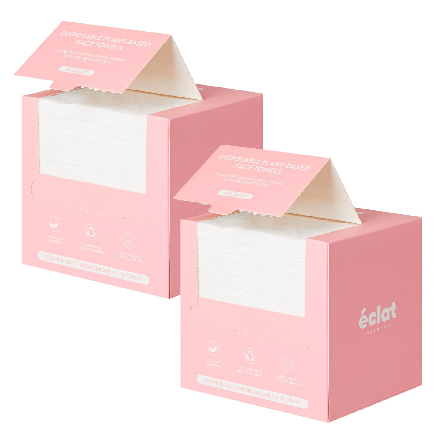 ÉCLAT Disposable Plant-Based Face Towels, Ultra Soft Viscose EF Embossed Cloths for Daily Skincare, Makeup Removal, Cleansing & Facial Care, Durable 12"x10" Single-Use Travel Towels (50 Ct, 2 Pack)