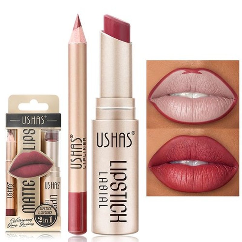 USHAS Lipstick and Lip Liner Combo Set 2 in 1 Waterproof Lipstick for Women Lip liner Set Long Lasting Lipstick, Matte Lipstick Pen with Lip Liner Set Makeup Kits (G4, Pack of 1)