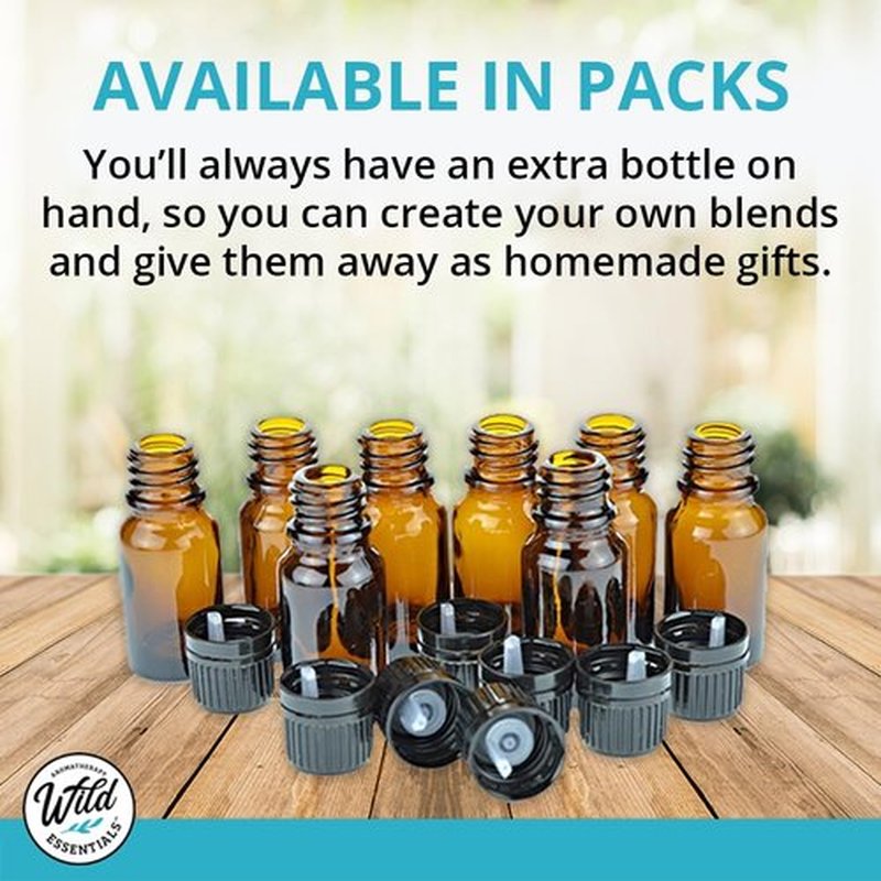 Wild Essentials 192 Pack of 10ml Amber Glass Bottles with 192 Euro Dropper Caps - Great for Essential Oils, Perfumes and DIY Aromatherapy - Easy to Fill, Clean and Reuse - Protective and Durable