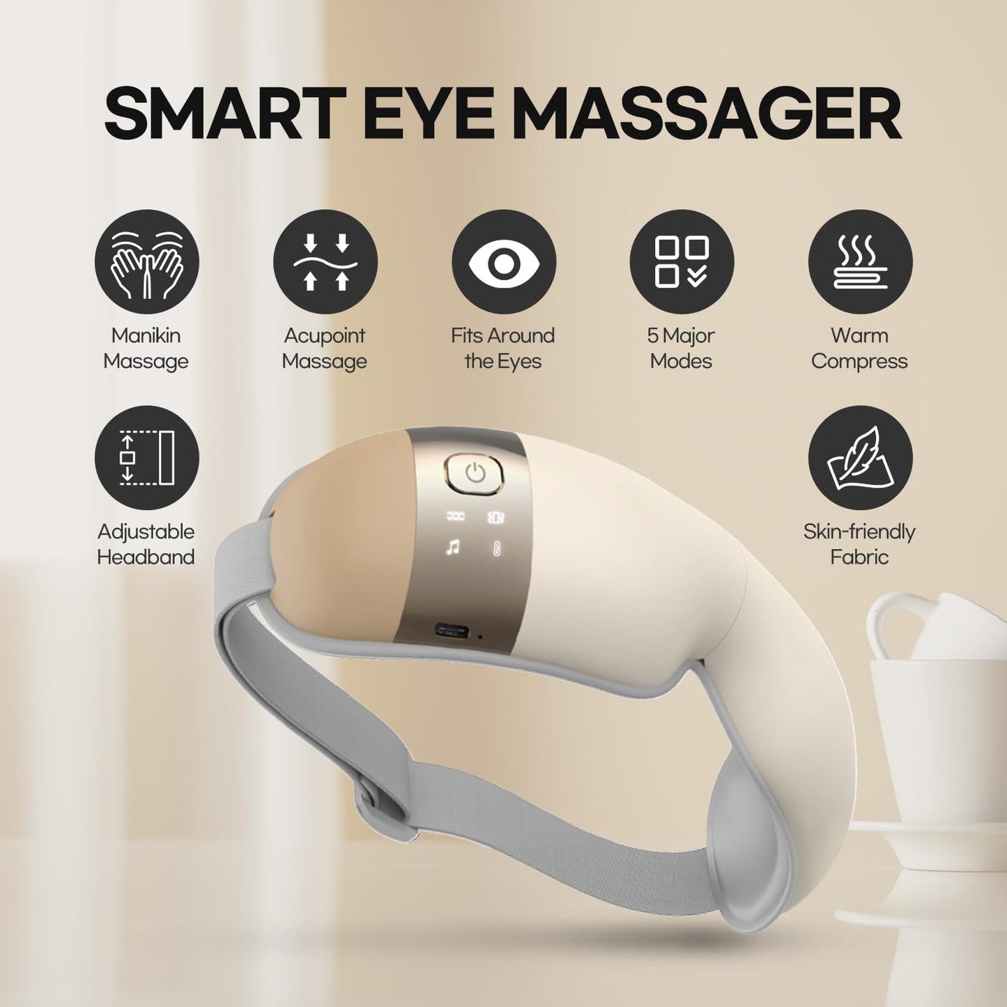 HuBDIC HubiCare Eye Massager with Heat, Heated Air Pressure Eye Mask for Migraines with Music, Smart Migraine Massager Reduce Dry Eyes Improve Sleep, Birthday Gifts for Women Men Mom Dad (Beige)