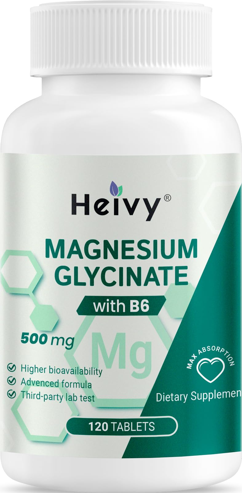 Heivy Magnesium Glycinate 500mg with Vitamin B6, 100% Chelated & Purified Supports Nerve Relief, Sleep Aid & Muscle Support, Vegan & Non-GMO, Made in USA, 3rd Party Tested, 120 Tablets